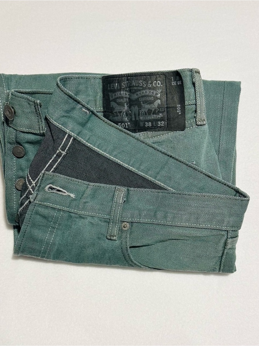 Levi's 501 Green Straight Leg Denim Jeans Black Label Red Tag Button Fly - Picture 2 of 9